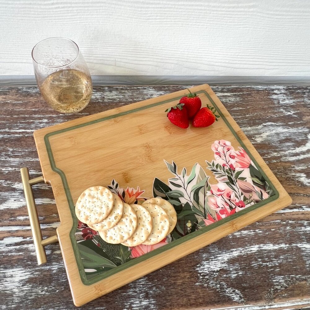Boho Chic Flowers Resin Wooden Cutting Board Charcuterie Board Handle Cheese - Picture 4 of 6
